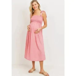 Hello Miz Dresses|Gift For Mom*- Smocked Tie-Shoulder Maternity Midi Dress, Pink