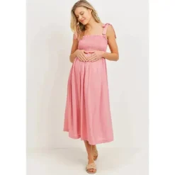 Hello Miz Dresses|Gift For Mom*- Smocked Tie-Shoulder Maternity Midi Dress, Pink