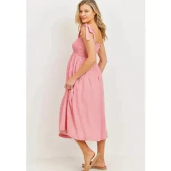 Hello Miz Dresses|Gift For Mom*- Smocked Tie-Shoulder Maternity Midi Dress, Pink