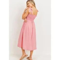 Hello Miz Dresses|Gift For Mom*- Smocked Tie-Shoulder Maternity Midi Dress, Pink