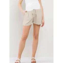Hello Miz Pants & Shorts|Gift For Mom*- Solid Maternity Shorts With Pockets And Drawstring, Oatmeal