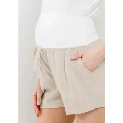 Hello Miz Pants & Shorts|Gift For Mom*- Solid Maternity Shorts With Pockets And Drawstring, Oatmeal