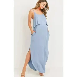 Hello Miz Dresses*- Solid Maternity Nursing Maxi Dress, Chambray