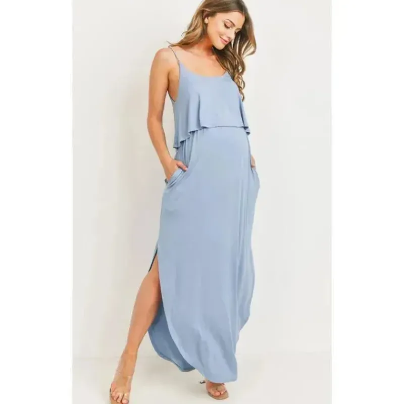 Hello Miz Dresses*- Solid Maternity Nursing Maxi Dress, Chambray
