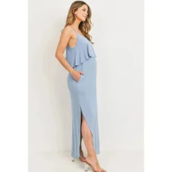 Hello Miz Dresses*- Solid Maternity Nursing Maxi Dress, Chambray
