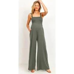 Hello Miz Gift For Mom*- Square Neck Smocked Maternity Flared Jumpsuit, Olive