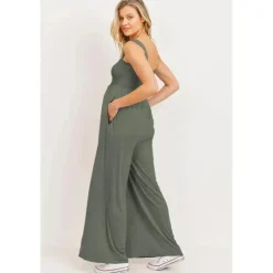Hello Miz Gift For Mom*- Square Neck Smocked Maternity Flared Jumpsuit, Olive