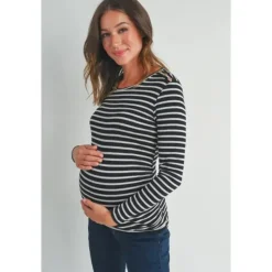 Hello Miz Maternity Tops|Gift For Mom*- Striped Button Trim Long Sleeve Maternity Top, Black