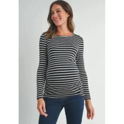 Hello Miz Maternity Tops|Gift For Mom*- Striped Button Trim Long Sleeve Maternity Top, Black