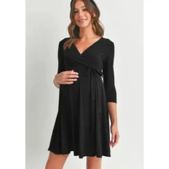 Hello Miz Dresses|Gift For Mom*- Surplice Quarter Sleeve Nursing Waist Tie Dress, Black