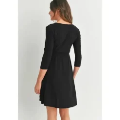 Hello Miz Dresses|Gift For Mom*- Surplice Quarter Sleeve Nursing Waist Tie Dress, Black