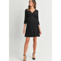 Hello Miz Dresses|Gift For Mom*- Surplice Quarter Sleeve Nursing Waist Tie Dress, Black