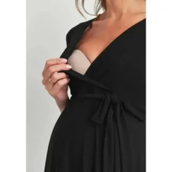 Hello Miz Dresses|Gift For Mom*- Surplice Quarter Sleeve Nursing Waist Tie Dress, Black