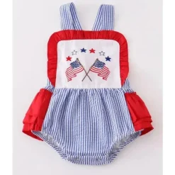 Honeydew Baby One-Pieces*- Blue Patriotic Seersucker Flag Embroidery Girl Bubble