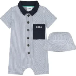 Hugo Boss Baby Sets*Baby - Striped Cotton Ensemble Set All In One & Hat, Blue
