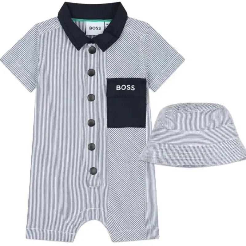 Hugo Boss Baby Sets*Baby - Striped Cotton Ensemble Set All In One & Hat, Blue