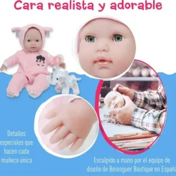 Nemcor Dolls*Jc Toys - Berenguer Boutique Soft Body Baby Doll Open/Close Eyes. Animal Theme Pink. Window Box