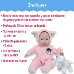 Nemcor Dolls*Jc Toys - Berenguer Boutique Soft Body Baby Doll Open/Close Eyes. Animal Theme Pink. Window Box