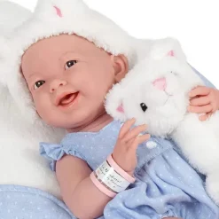 JC Toys Dolls|Gifts Over $50*La Newborn 15 All Vinyl In Blue Onesie/White Cat Theme With Animal Friend