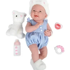 JC Toys Dolls|Gifts Over $50*La Newborn 15 All Vinyl In Blue Onesie/White Cat Theme With Animal Friend