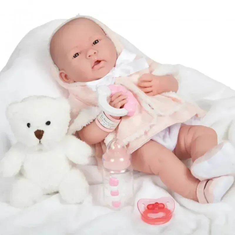 JC Toys Dolls*La Newborn All-Vinyl In Pink Coat And Outfit W/ Animal Friend