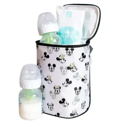 J.L. Childress Mickey & Minnie|Bottle Bags*Twocool Double Bottle Cooler With ice pack, Mickey Minnie White