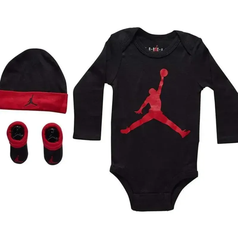 Jordan Baby Athletic*- 3Pk Jumpman Long Sleeve Baby Bodysuit, Hat & Bootie, Black, 0-6M