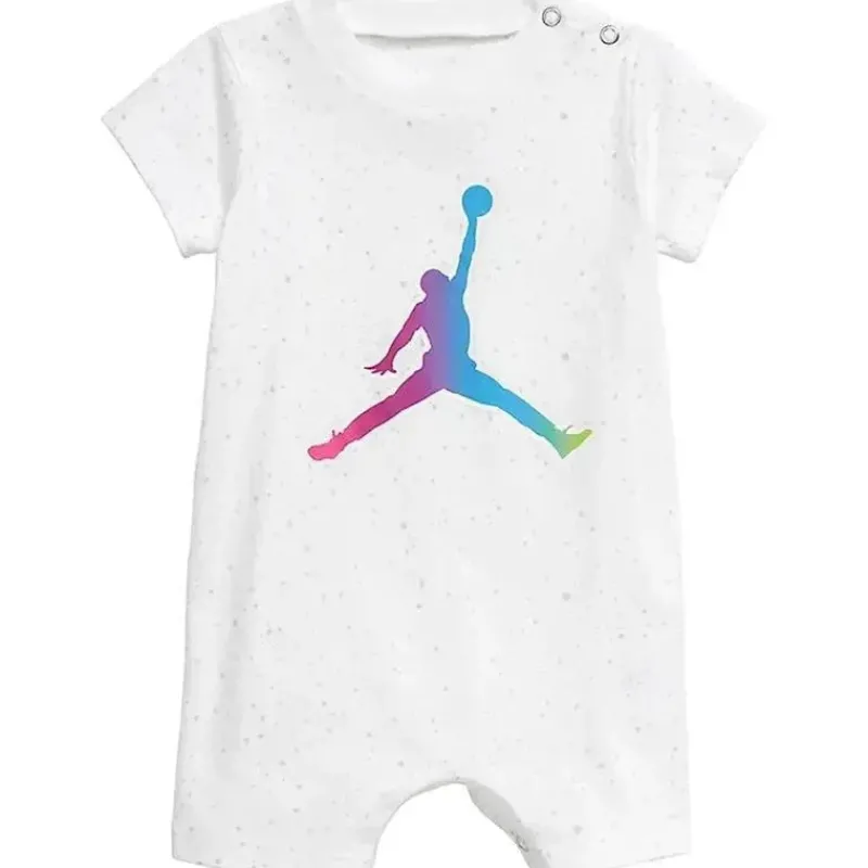 Jordan Baby Athletic*Baby Boy Jumpmen Romper, White and Holographic Logo