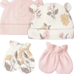 Just Born Baby Hats*- Baby-girls 4-piece Caps & Mittens SetMittens, Dusty Pink and Floral, 0-6M