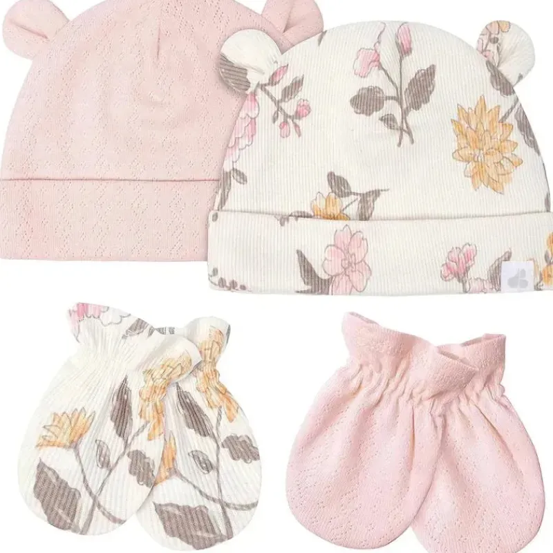 Just Born Baby Hats*- Baby-girls 4-piece Caps & Mittens SetMittens, Dusty Pink and Floral, 0-6M