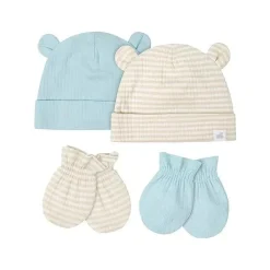 Just Born Baby Gloves & Socks*- 4Pk Baby Boy Caps & Mittens Set, Blue & Stripe