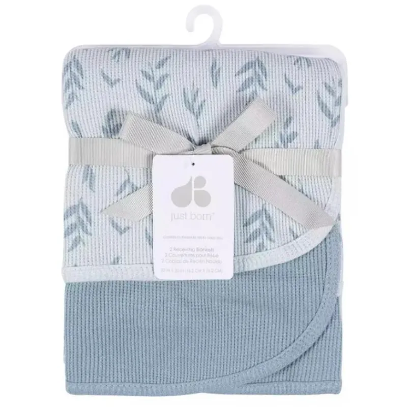 Just Born Blankets & Quilts*- 2Pk Cotton Baby Blanket Boy Blue Leaf