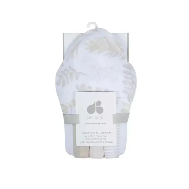 Just Born Baby Bath Towels*- 4Pk Hooded Bath Towel & Washcloths Set, Natural Foliage