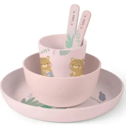 Kalencom Plates & Bowls|Dishes, Utensils & Food Containers*- Jungle Cheetahs 5 Piece Feeding Set, Pink