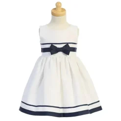 Lito Children's Wear Dresses|Baby Dresses & Skirts*Lito - Baby Girl Rayon Linen Dress With Bow, White/Navy