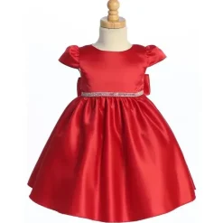 Lito Children's Wear Christmas Clothing*Lito - Baby Girl Satin dress with Beads & Rhinestone Trim, Christmas Red, 12-18M
