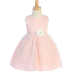 Lito Children's Wear Dresswear*Lito - Baby Girl Striped Tulle Dress With Rhinestone Trim & Flower At Waist, Light Pink