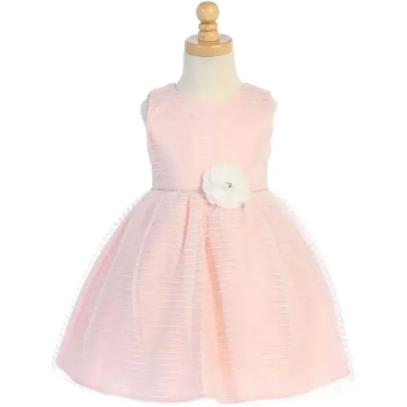 Lito Children's Wear Dresswear*Lito - Baby Girl Striped Tulle Dress With Rhinestone Trim & Flower At Waist, Light Pink