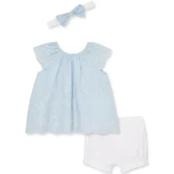 Little Me Baby Sets*- Baby Girl Blue Woven Eyelet Short Set & Headband
