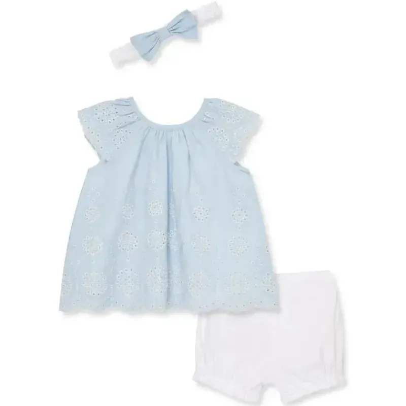 Little Me Baby Sets*- Baby Girl Blue Woven Eyelet Short Set & Headband