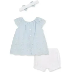 Little Me Baby Sets*- Baby Girl Blue Woven Eyelet Short Set & Headband