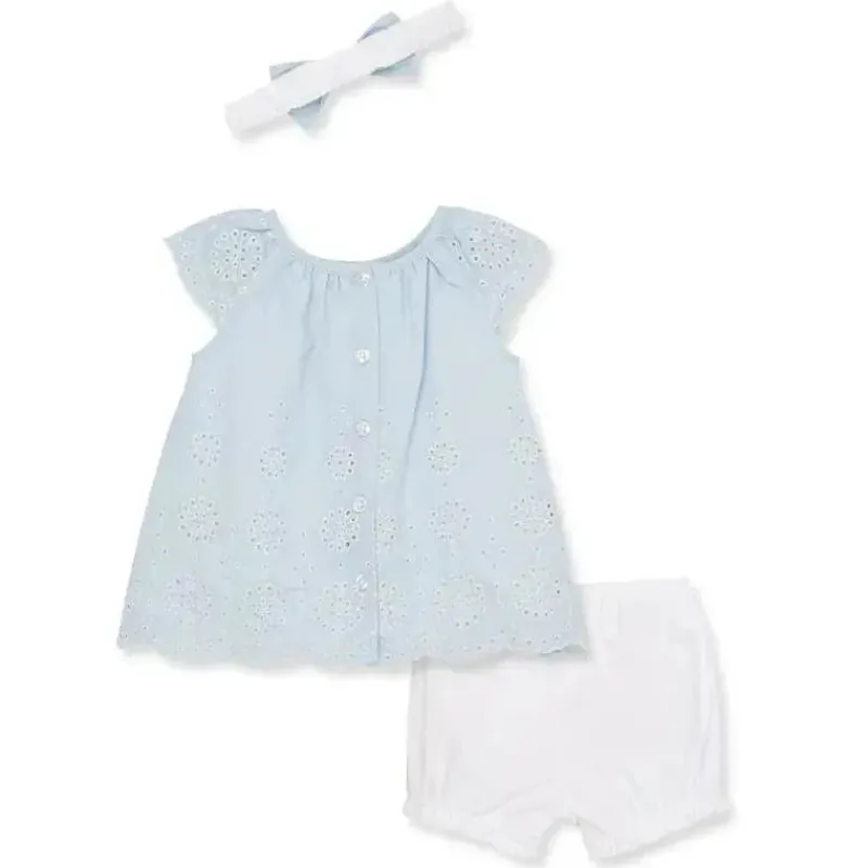 Little Me Baby Sets*- Baby Girl Blue Woven Eyelet Short Set & Headband