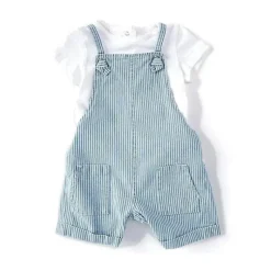 Little Me Baby Sets*- Mini Stripe Shortall Set - Blue - Baby clothing