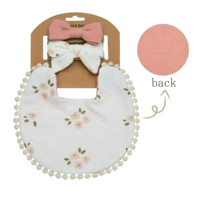 Little Trendy Baby Hair Accessories*- Baby Floral Cotton Waterproofer Bib And Bows Headband Set, Color 1