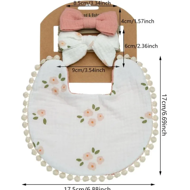 Little Trendy Baby Hair Accessories*- Baby Floral Cotton Waterproofer Bib And Bows Headband Set, Color 1