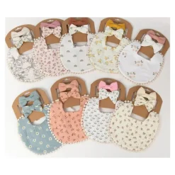 Little Trendy Baby Hair Accessories*- Baby Floral Cotton Waterproofer Bib And Bows Headband Set, Color 1
