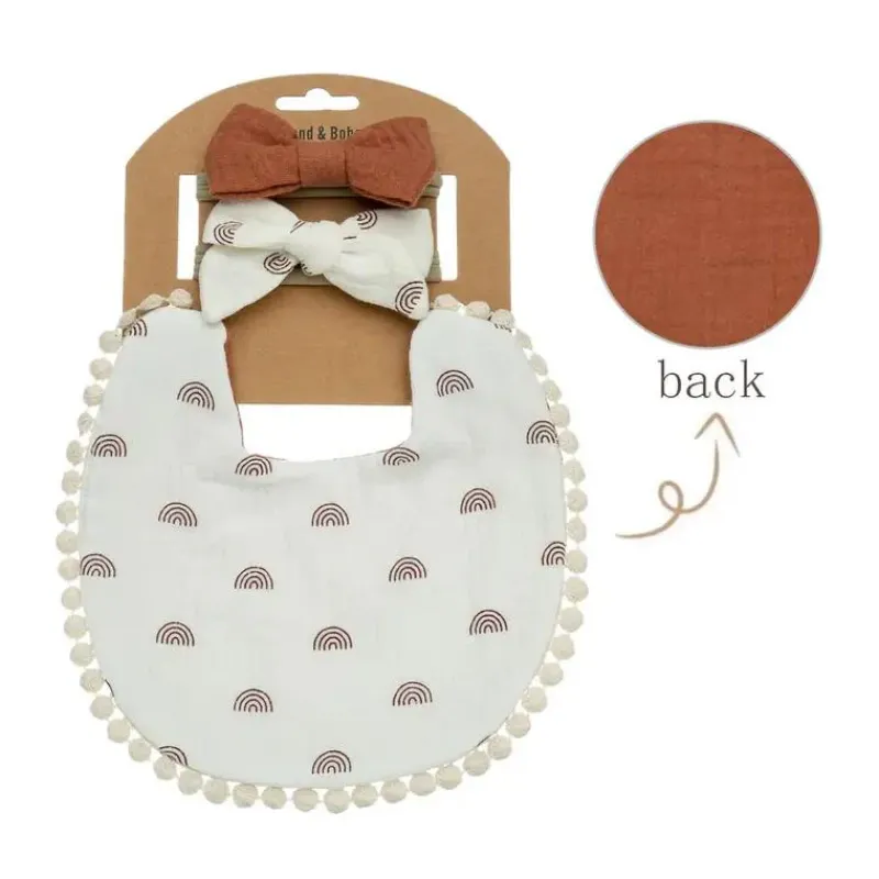 Little Trendy Baby Hair Accessories*- Baby Floral Cotton Waterproofer Bib And Bows Headband Set, Color 2