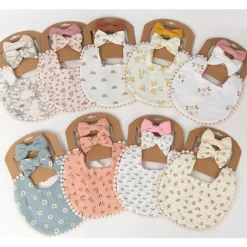 Little Trendy Baby Hair Accessories*- Baby Floral Cotton Waterproofer Bib And Bows Headband Set, Color 2