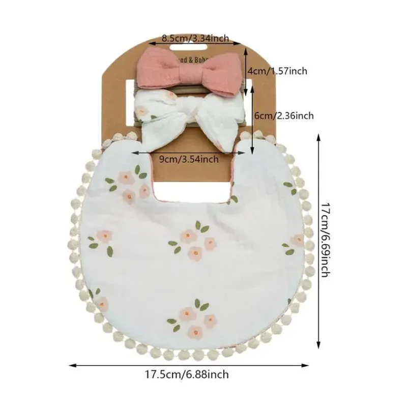 Little Trendy Baby Hair Accessories*- Baby Floral Cotton Waterproofer Bib And Bows Headband Set, Color 6