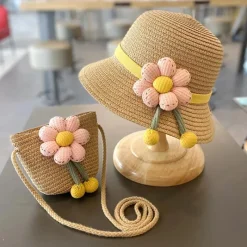 Little Trendy Baby Hair Accessories*- Sun Protection Beach Straw Hat & Flower Straw Bag, 2Pcs Set